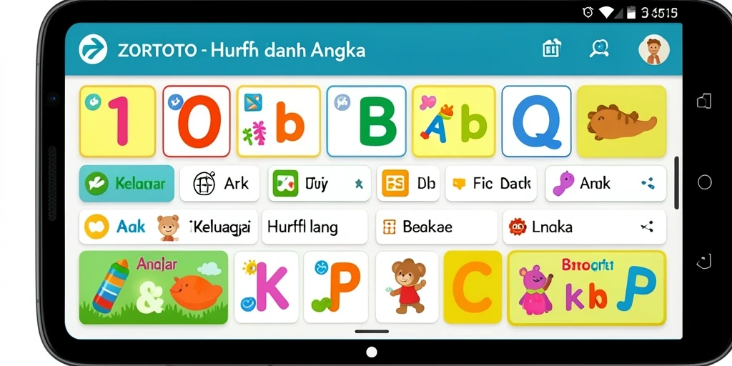 Antarmuka ZORTOTO dengan permainan belajar huruf dan angka yang menarik.