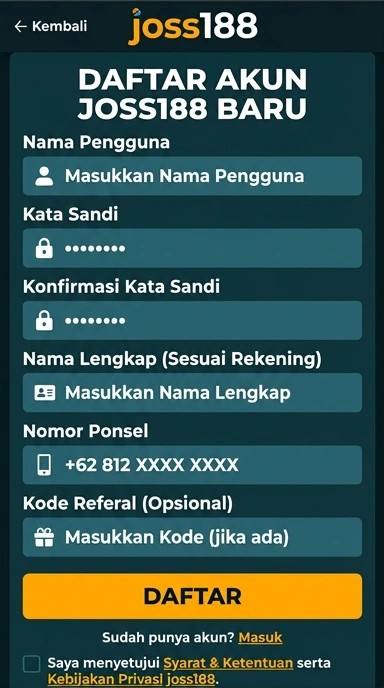Tampilan halaman daftar joss188